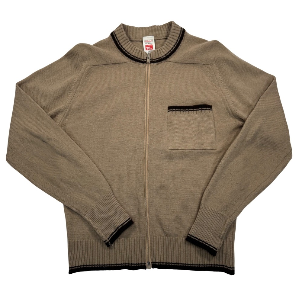 Vintage St Michael Mens Full Zip Cardigan Sweater Tan Brown Trim UK Made 38in